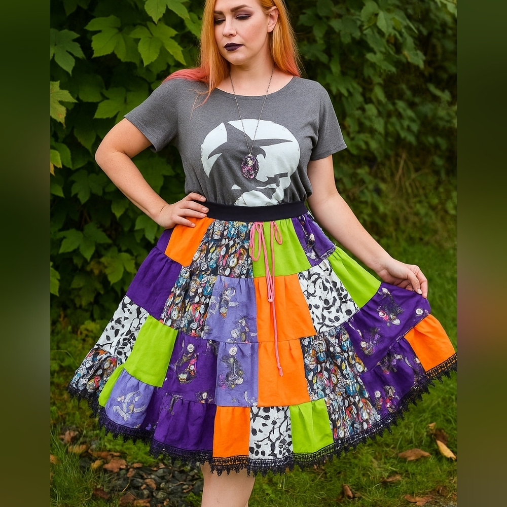 Colorful Hallowren Nightmare Before Christmas Patchwork Circle Spin Skirt